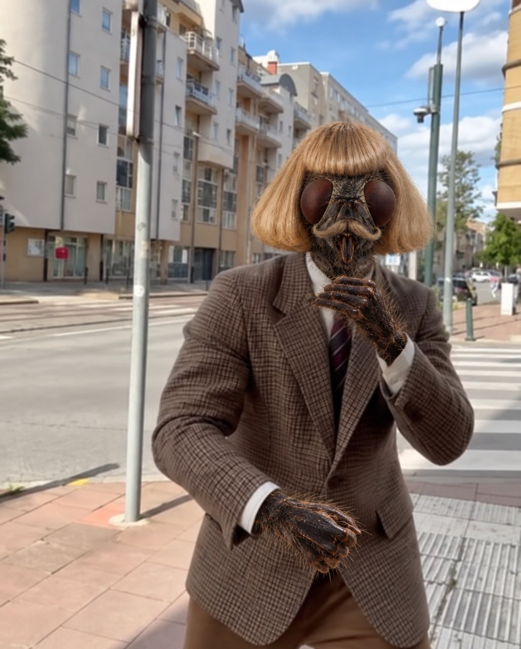 Flyphil in a brown suit on a city street