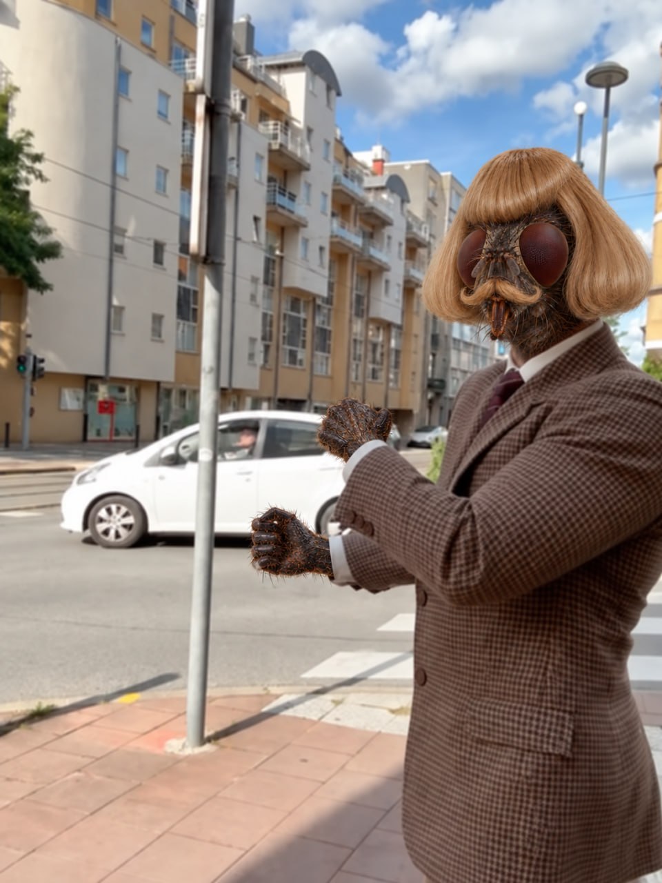 Flyphil turning to the camera on a sunny street